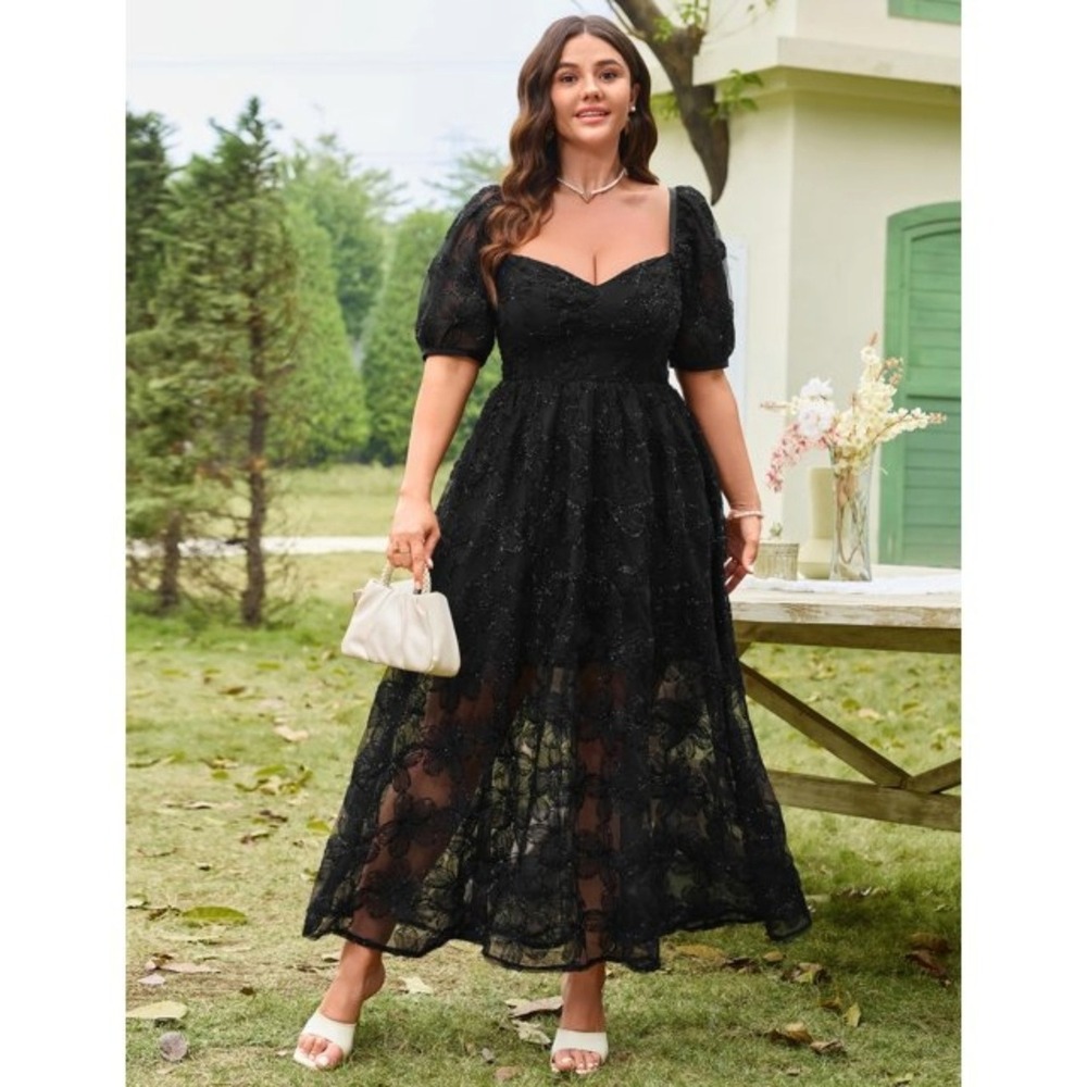 NWT Eywol Sweetheart Chic Mesh Floral Puff Sleeves Midi Dress Black Women 2XL